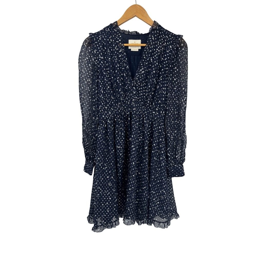 Kate Spade Dress Womens 0 Blue Celestial Silver Star Silk Long Sleeve Lined
